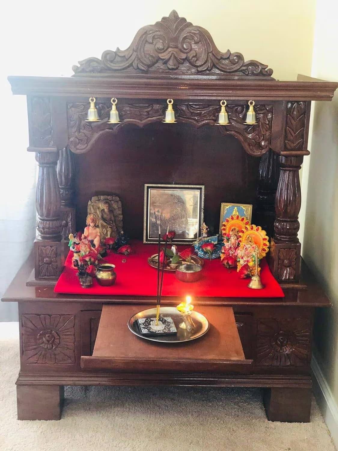 Wooden Mandir with Two Bottom Drawers