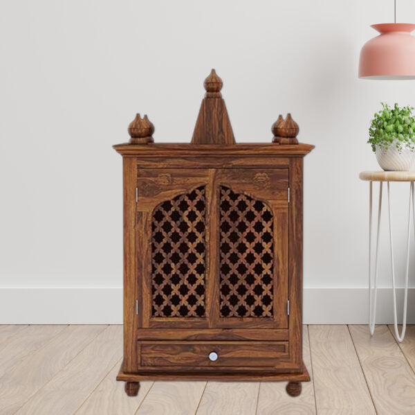 Honey Oak Jali Design Wooden Pooja Mandir for Home Online