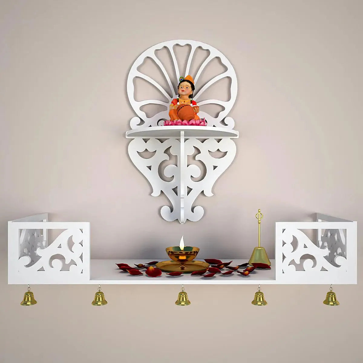 white wooden pooja mandir