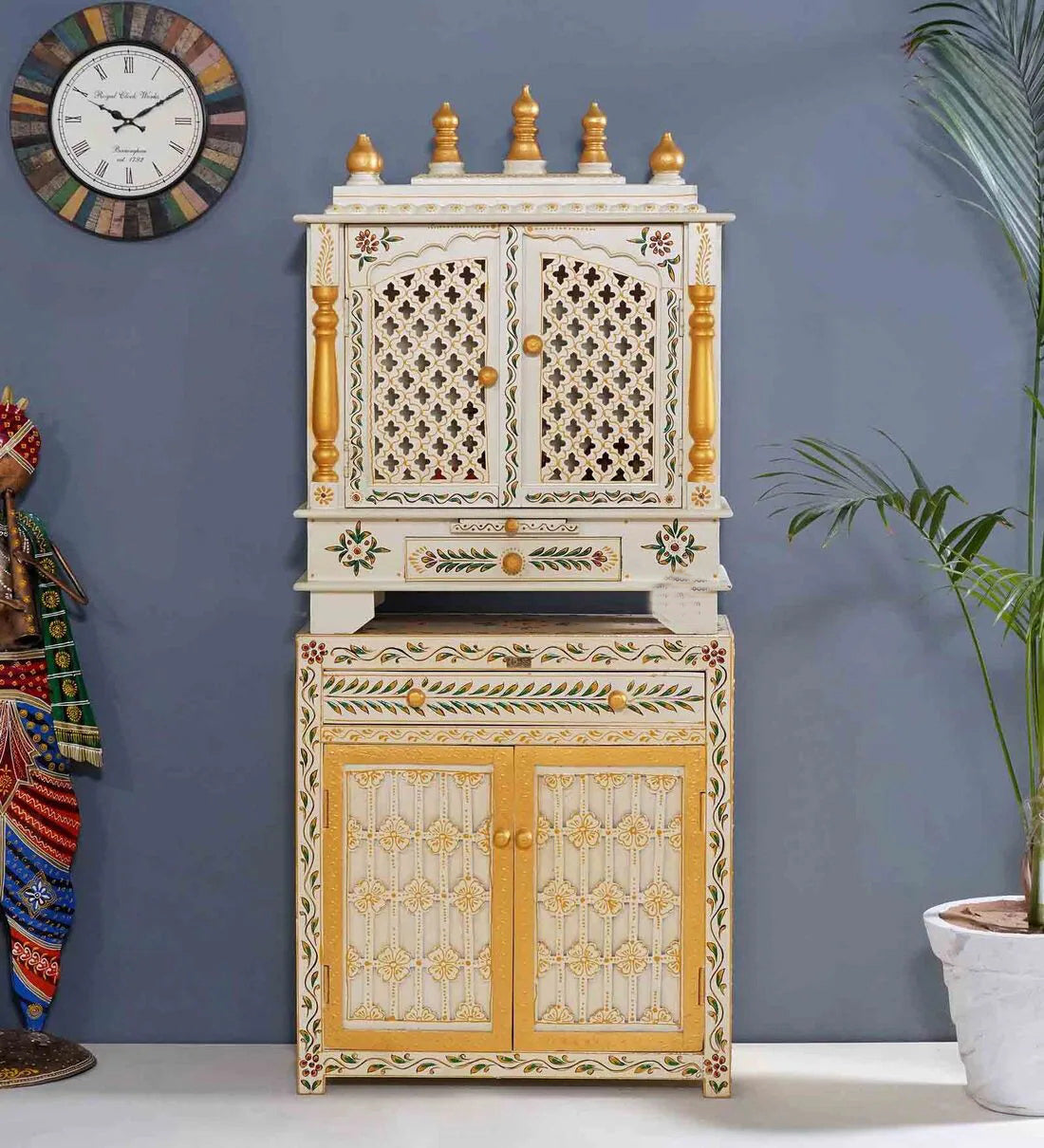 White and Gold Pooja Mandir for Home with Door Online