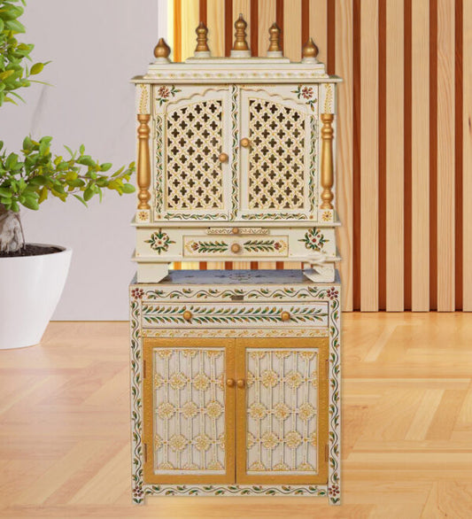 White and Gold Pooja Mandir for Home with Door Online