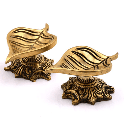 Brass Peepal Leaf Design Diya Pair