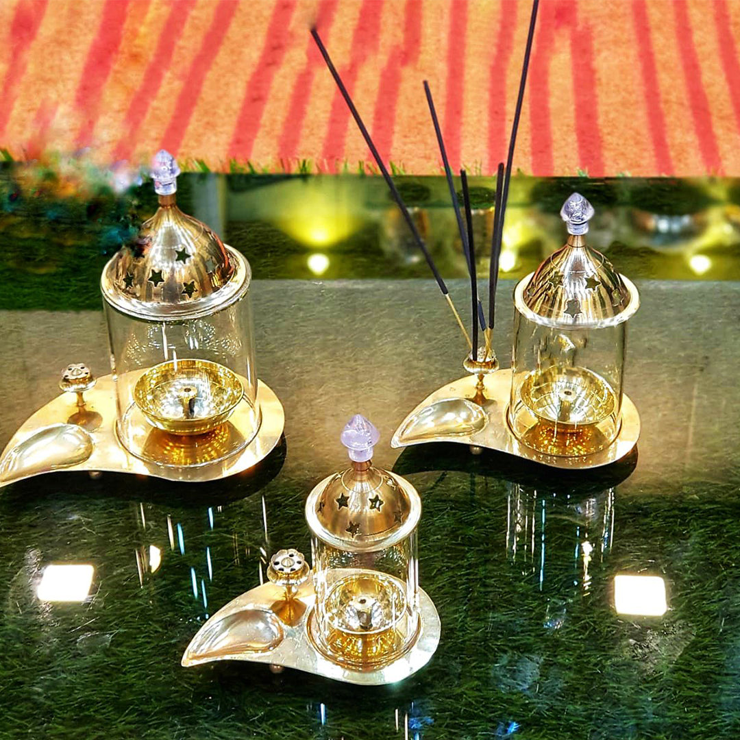 Big Brass &amp; Glass Akhand Diya Incense Oil Lamp