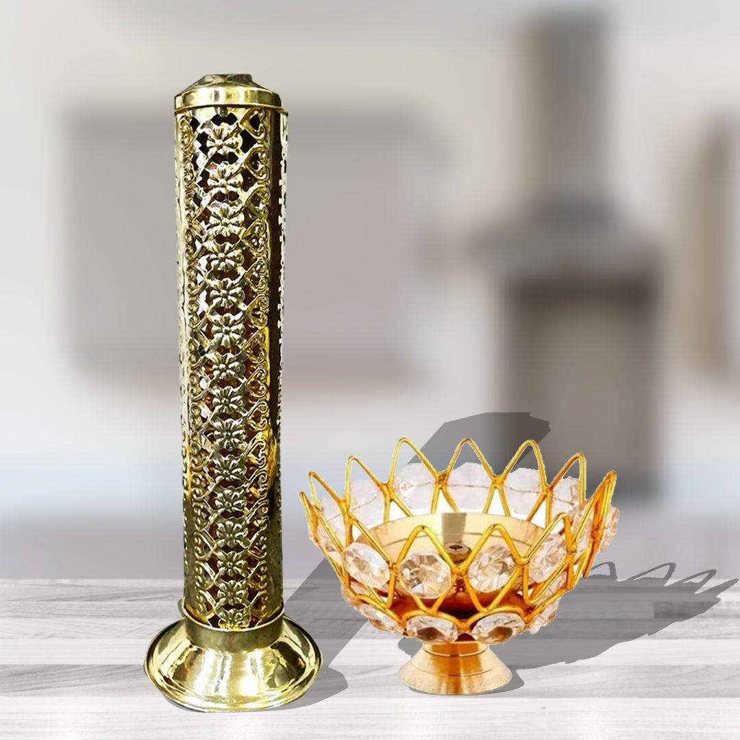 Crystal Diya with Brass Incense Stand