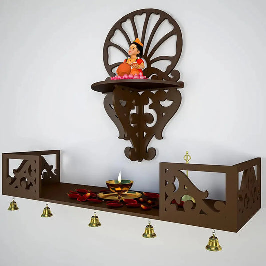 Brown Wooden Pooja Mandir with Shelf