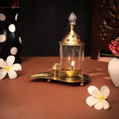 Big Brass &amp; Glass Akhand Diya Incense Oil Lamp