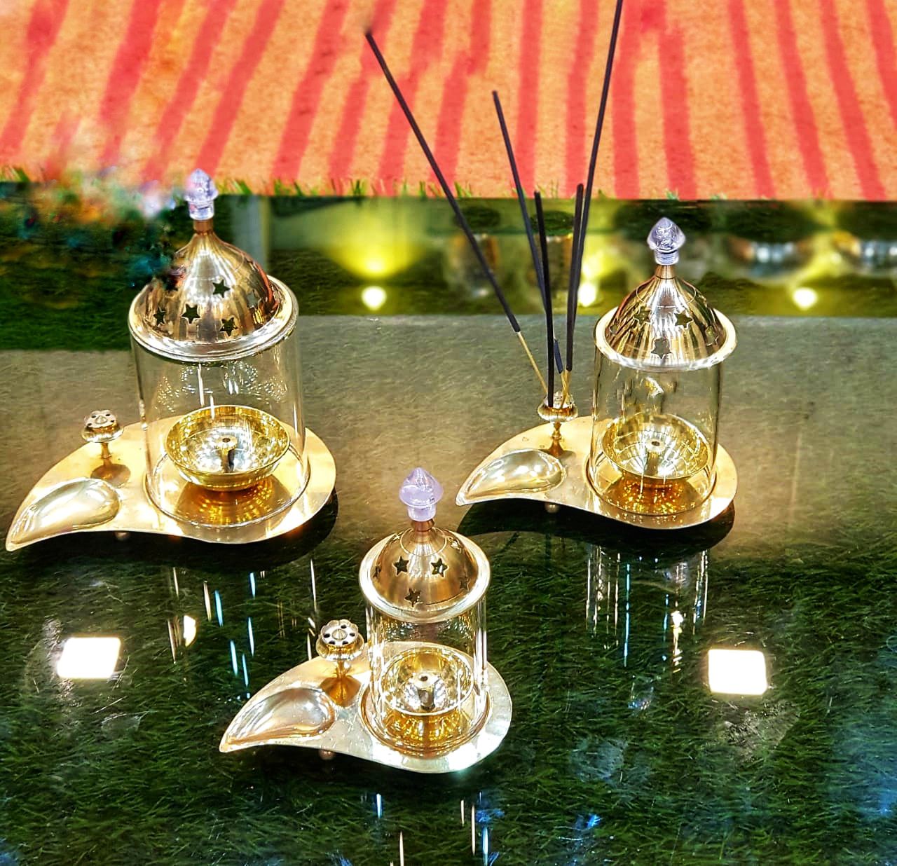 Big Brass &amp; Glass Akhand Diya Incense Oil Lamp