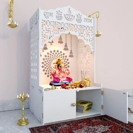 Divine White Wooden Temple with Shelf & Built-In Light