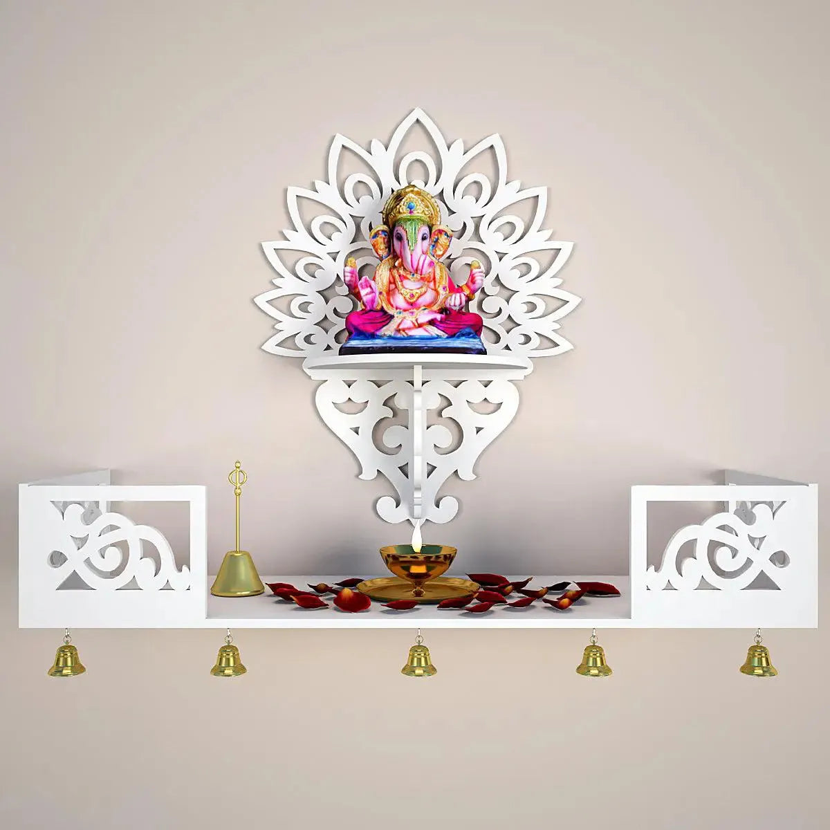 White Wooden Pooja Mandir with Shelf