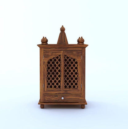 Honey Oak Jali Design Wooden Pooja Mandir for Home