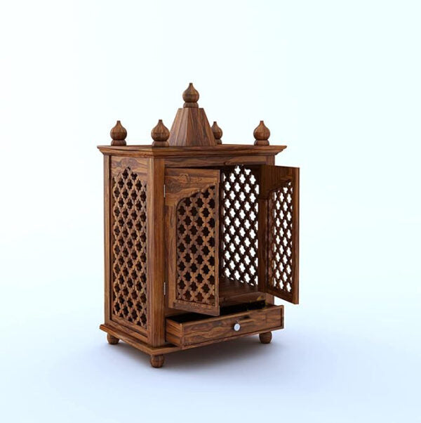 Honey Oak Jali Design Wooden Pooja Mandir for Home