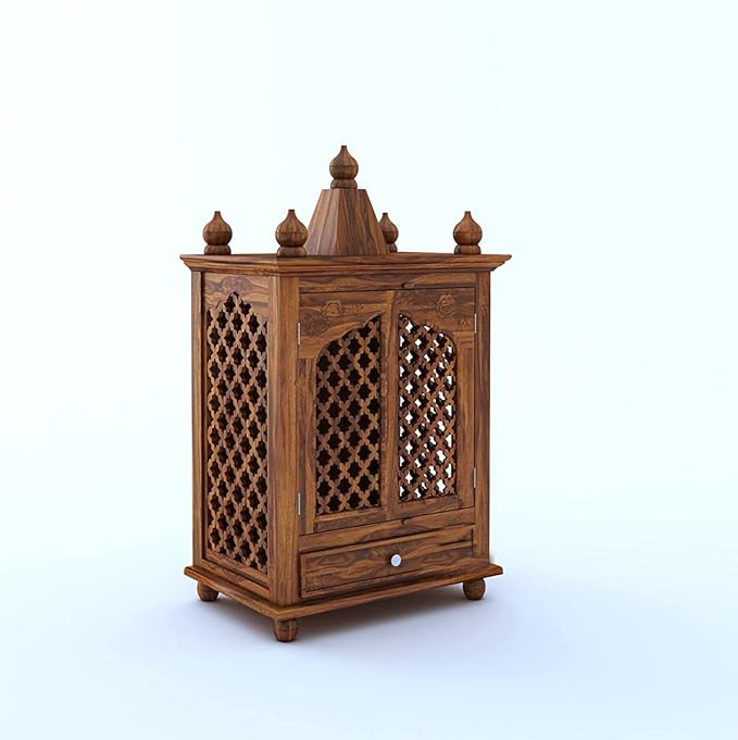 Honey Oak Jali Design Wooden Pooja Mandir for Home