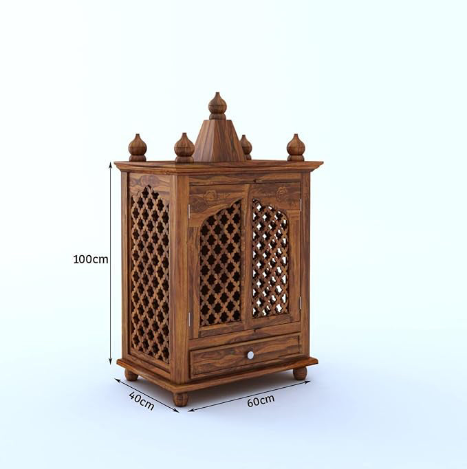 Honey Oak Jali Design Wooden Pooja Mandir for Home