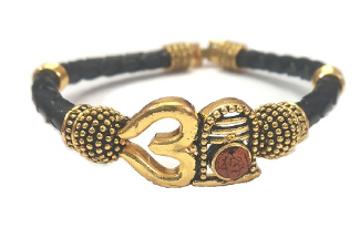 Om Shivling Stylish Gold Leather Kada Bracelet