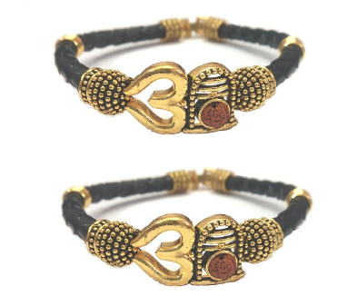 Om Shivling Stylish Gold Leather Kada Bracelet Combo Pack of 2