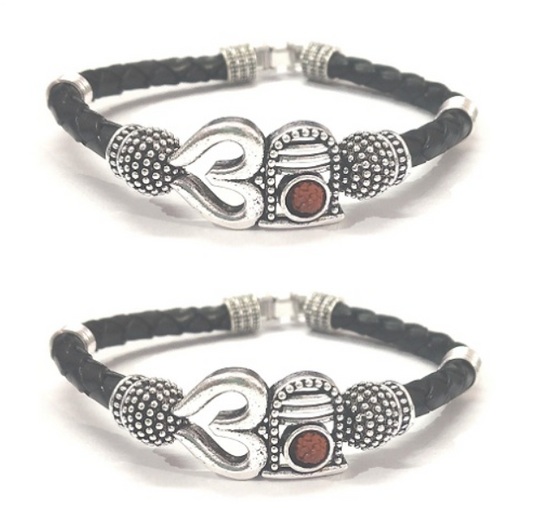 Om Shivling Designer Silver Leather Kada Combo Pack