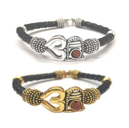 Om Shivling Stylish Gold & Silver Leather Kada Combo Pack