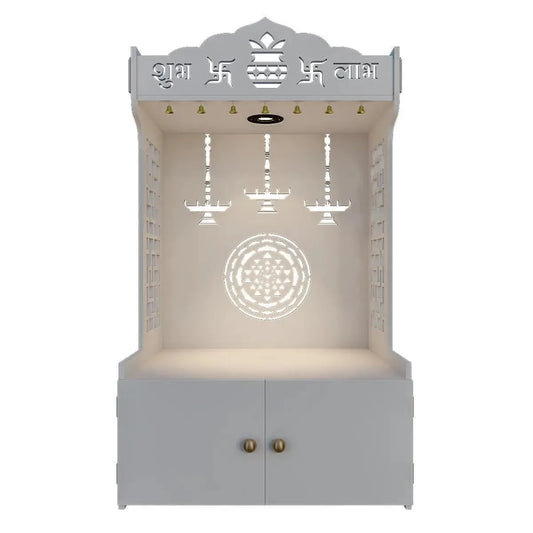 White Wooden Home Mandir with Shelf & LED Light