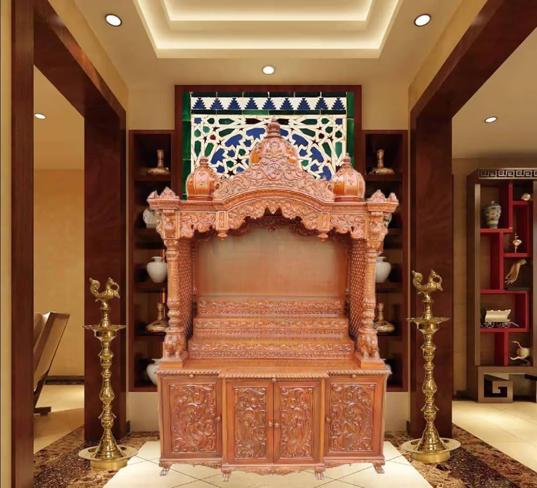 Wooden Temple Mandir with Storage Cabinet