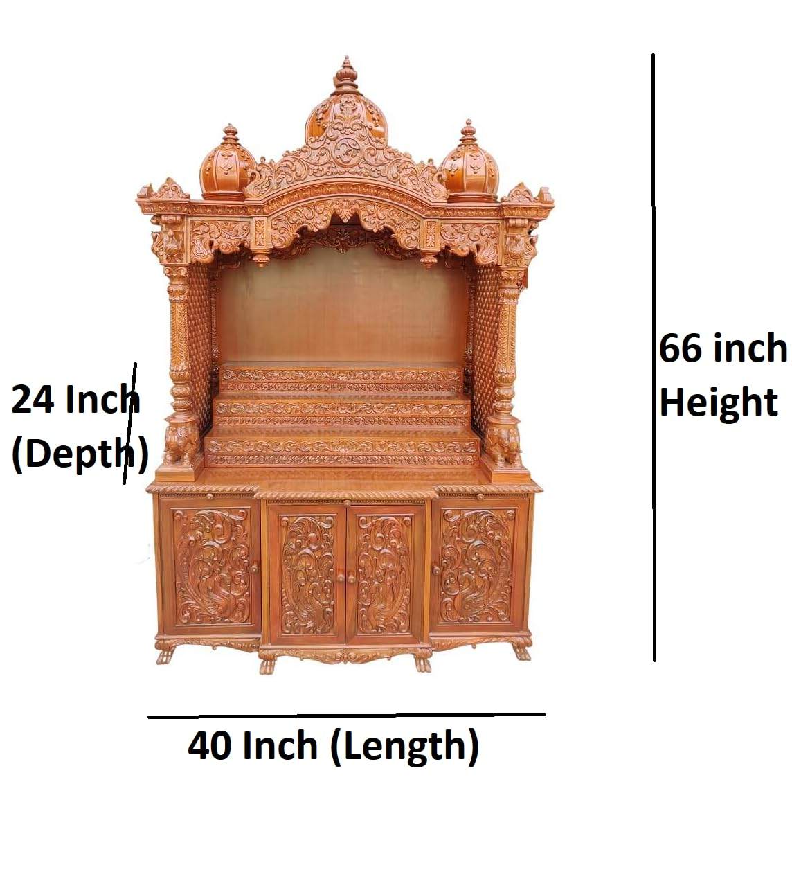 Traditional Handcarved Wooden Temple Mandir with Storage Cabinet