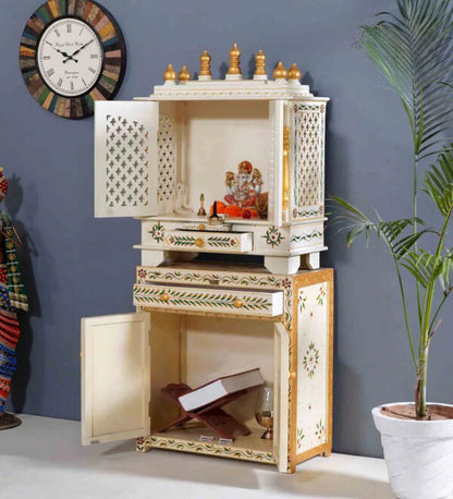 White and Gold Pooja Mandir for Home with Door