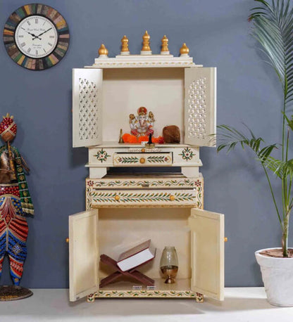 White and Gold Pooja Mandir for Home with Door