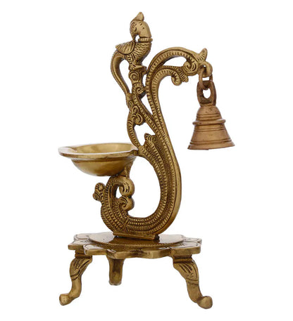 Gold Brass Antique Finish Parrot Diya With Bells And Stand