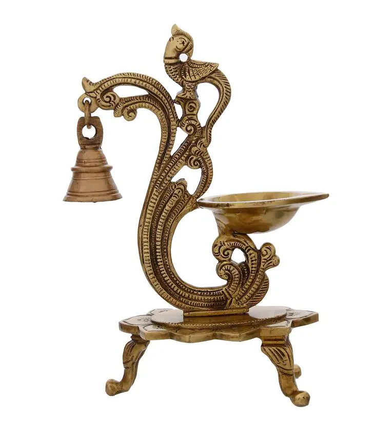 Gold Brass Antique Finish Parrot Diya With Bells And Stand