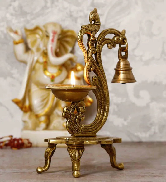 Gold Brass Antique Finish Parrot Diya With Bells And Stand