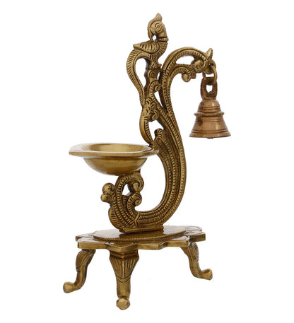 Gold Brass Antique Finish Parrot Diya With Bells And Stand